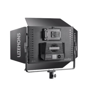 1759990221_157 Musta Godox Litemons LP1200Bi Bi-Color LED-valopaneeli Musta, jossa on säädettävät lato-ovet, digitaalinen näyttö ja kiinnike, kuvattuna takaa.