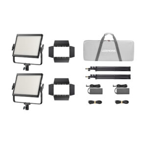 1759992597_133 Godox Litemons LP600Bi Bi-Color LED Light Panel 2 Light Kit Black includes two LED panels, barn doors, stands, power adapters, cables and a grey carrying case marked LITEHONS - neatly arranged on a white background.