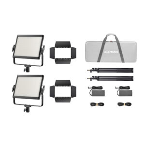 1759992597_133 Godox Litemons LP600Bi Bi-Color LED Light Panel 2 Light Kit Black includes two LED panels, barn doors, stands, power adapters, cables and a grey carrying case marked LITEHONS - neatly arranged on a white background.