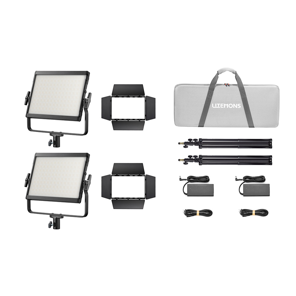 1759992597_133 Godox Litemons LP600Bi Bi-Color LED Light Panel 2 Light Kit Black includes two LED panels, barn doors, stands, power adapters, cables and a grey carrying case marked LITEHONS - neatly arranged on a white background.