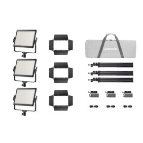 1759992780_120 Godox Litemons LP600Bi Bi-Color LED Light Panel 3 Light Kit Black includes three LED panels with barn doors, three stands, grey LITEMONS housing, three power supplies and cables on a white background.