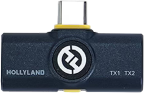 Lähikuvassa HOLLYLAND LARK M2 USB-C-VASTAANOTTAJASTA (SHINE CHARCOAL) näkyy USB-C-liitin, keskuslogo ja TX1/TX2-merkinnät sen tummansinisessä rungossa.