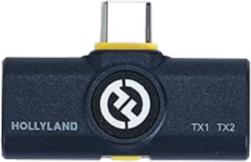 800q-01_128898 Lähikuvassa HOLLYLAND LARK M2 USB-C-VASTAANOTTAJASTA (SHINE CHARCOAL) näkyy USB-C-liitin, keskuslogo ja TX1/TX2-merkinnät sen tummansinisessä rungossa.