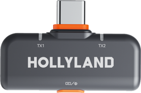 HOLLYLAND LARK M2S USB-C RECEIVER (SPACE GRAY), joka on suunniteltu LARK M2S -laitteeseen, sisältää kompaktin muotoilun, jossa on TX1- ja TX2-osat, oranssilla korostetun USB-C-liittimen ja mahdollistaa langattoman äänensiirron.