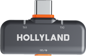 800q-01_130880 HOLLYLAND LARK M2S USB-C RECEIVER (SPACE GRAY), joka on suunniteltu LARK M2S -laitteeseen, sisältää kompaktin muotoilun, jossa on TX1- ja TX2-osat, oranssilla korostetun USB-C-liittimen ja mahdollistaa langattoman äänensiirron.