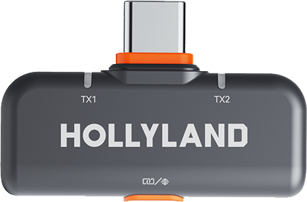 800q-01_130880 HOLLYLAND LARK M2S USB-C RECEIVER (SPACE GRAY), joka on suunniteltu LARK M2S -laitteeseen, sisältää kompaktin muotoilun, jossa on TX1- ja TX2-osat, oranssilla korostetun USB-C-liittimen ja mahdollistaa langattoman äänensiirron.