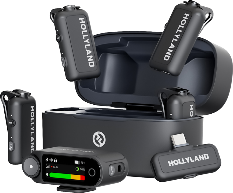 800q-01_133520 The HOLLYLAND LARK MAX 2 Combo 4-person version, featuring an RX camera and USB-C RX, includes black wireless microphone transmitters and receivers, and the receiver displays the battery and audio levels on a colour screen arranged around an open-top charging case.
