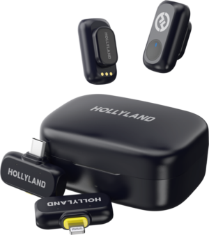 HOLLYLAND LARK A1 COMBO sisältää kaksi kompaktia lähetintä, USB-C- ja Lightning-vastaanottimet sekä latauskotelon - kaikki tyylikkäässä mustassa langattomassa mikrofonijärjestelmässä.