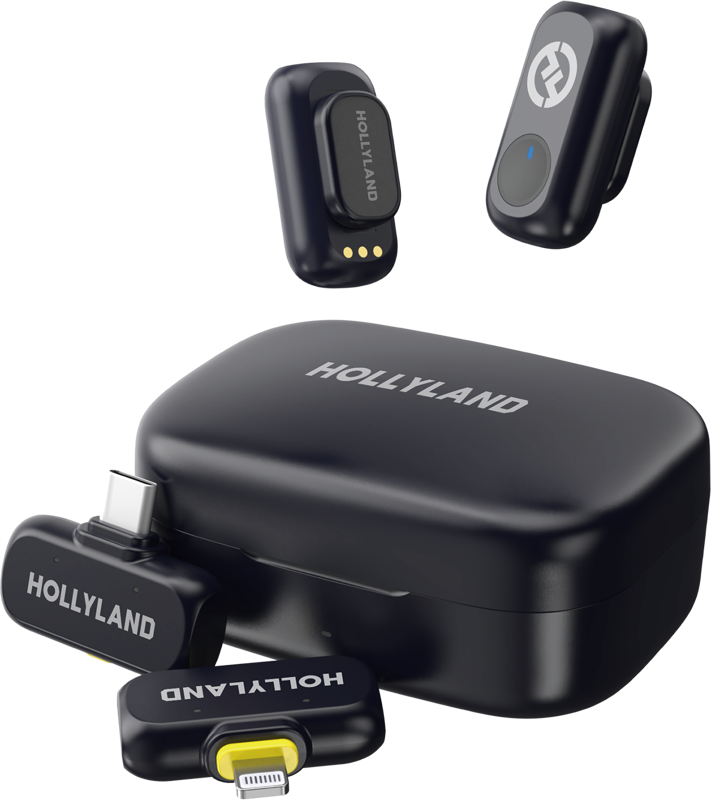 800q-01_133525 HOLLYLAND LARK A1 COMBO sisältää kaksi kompaktia lähetintä, USB-C- ja Lightning-vastaanottimet sekä latauskotelon - kaikki tyylikkäässä mustassa langattomassa mikrofonijärjestelmässä.