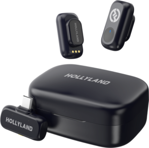 800q-01_133526 HOLLYLAND LARK A1 DUO WITH USB-C RX + CHARGING CASE on musta langaton mikrofonijärjestelmä, jossa on kaksi kompaktia lähetintä, latauskotelo ja USB-C-liitäntäinen vastaanotin.