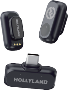 800q-01_133527 HOLLYLAND LARK A1 MINI DUO WITH USB-C RX -mallissa on kaksi mustaa kiinnitettävää lähetintä, joissa on tuotemerkit ja magneettiliittimet, sekä USB-C-vastaanotin, kaikki valkoisella pohjalla.