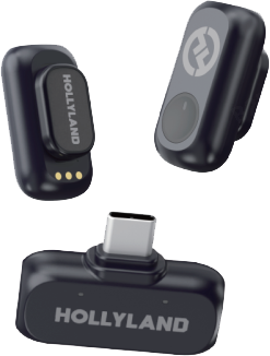800q-01_133527 HOLLYLAND LARK A1 MINI DUO WITH USB-C RX -mallissa on kaksi mustaa kiinnitettävää lähetintä, joissa on tuotemerkit ja magneettiliittimet, sekä USB-C-vastaanotin, kaikki valkoisella pohjalla.