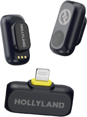 800q-01_133528 Kolme kompaktia mustaa HOLLYLAND LARK A1 MINI DUO WITH LIGHTNING RX -komponenttia - kaksi lähetintä, joissa on pyöreät ja soikeat painikkeet, ja keltaisella korostettu Lightning-vastaanotin - on esillä tavallista taustaa vasten.