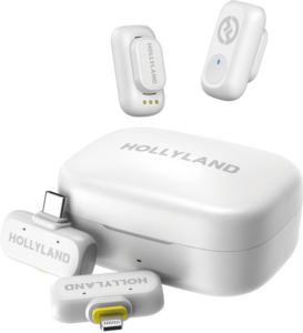 Hollyland LARK A1 Combo Ivory White -langaton mikrofonijärjestelmä sisältää latauskotelon, USB-C- ja Lightning-liittimet sekä kaksi kompaktia mikrofonia, jotka on esitetty tavallisella valkoisella pohjalla.