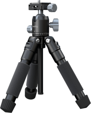 The SmallRig 5470 VT-20Pro Portable Desktop Tripod is a compact black tripod with padded foam handles, adjustable knobs and a head mount for cameras or other devices.