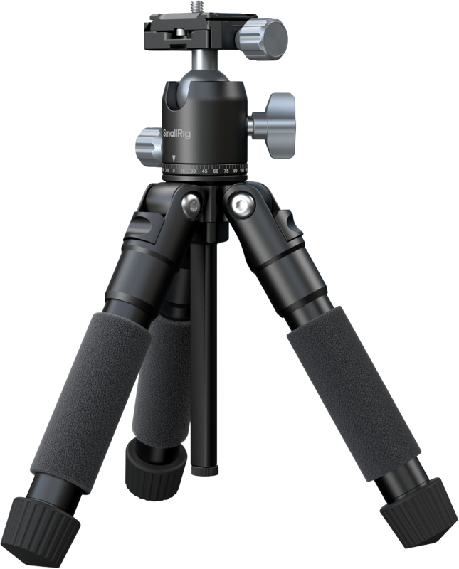 800q-01_134873 SmallRig 5470 VT-20Pro Portable Desktop Tripod -pöytäteline on kompakti musta kolmijalka, jossa on pehmustetut vaahtomuovikahvat, säädettävät nupit ja kuulapääkiinnitys kameroille tai muille laitteille.