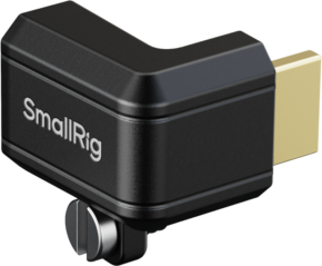800q-01_134874 SmallRig 5593 High-Definition HDMI-sovitin Sony FX2:lle on musta, L-muotoinen sovitin, jossa on kultainen liitin, kiinnitysruuvi alareunassa ja "SmallRig" painettu sivuun.