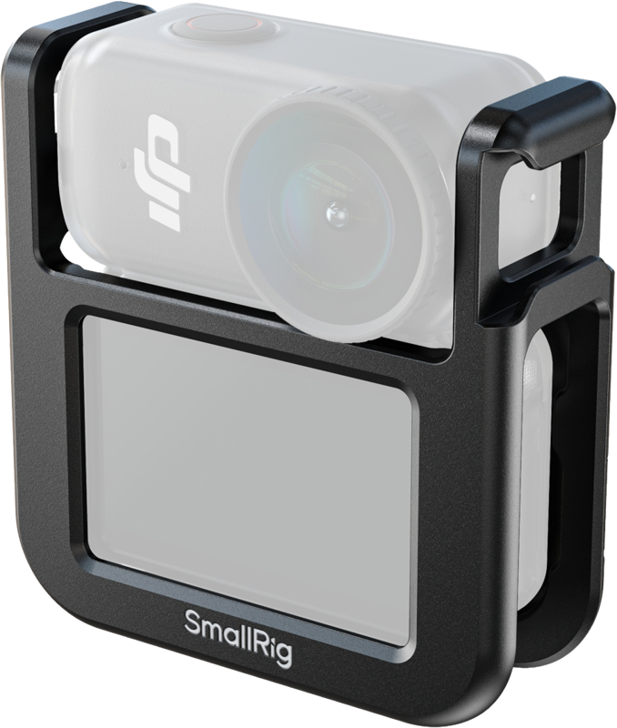 800q-01_134876 Musta SmallRig 5764 Half Cage DJI Osmo Nanoon -kehikko pitää kompaktin toimintakameran turvallisesti ja tarjoaa suojaa ja kiinnitysmahdollisuuksia. SmallRig-logo näkyy häkin alaosassa.