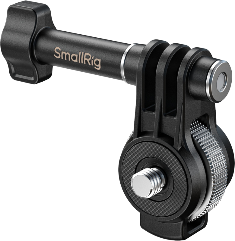800q-01_134877 SmallRig 5762 Selfie Stick Adapter on musta metallinen kameran lisävarsi, jossa on nuppi ja säädettävä nivel ja joka on suunniteltu kameravarusteiden kiinnittämiseen ja sijoitteluun.