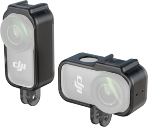 Two compact DJI Osmo action cameras in the SmallRig 5757 Vertical-to-Horizontal Cage, with black frames, clear lenses and bottom-mount brackets, are displayed at different angles against a light background.
