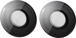 Kaksi pyöreää, mustaa Antigravity A1 Replacement Lens Kit Double Lens -vaihtolinssisarjan linssiä, joissa on kiiltävät heijastukset, vierekkäin valkoisella pohjalla.