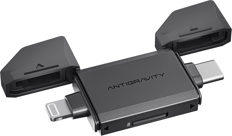 800q-01_135548 The Antigravity Quick Reader card reader is a compact, rectangular device with USB-C, Lightning and two USB-A ports protected by hinged covers for versatile connectivity and data transfer.