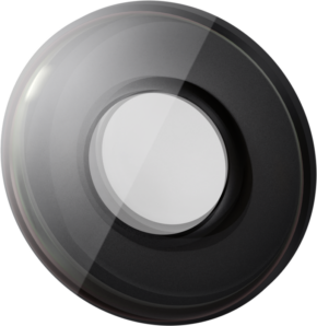 Antigravity A1 Replacement Lens Kit -vaihtolinssi -vaihtolinssi paljastaa lähikuvassaan sen kiiltävän mustan viimeistelyn, pyöreän lasikeskuksen ja heijastavan pinnan, joka tuo esiin valon heijastukset ja tyylikkään, modernin muotoilun.