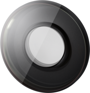 800q-01_135550 The Antigravity A1 Replacement Lens Kit reveals its glossy black finish, round glass centre and reflective surface in a close-up, revealing light reflections and a sleek, modern design.