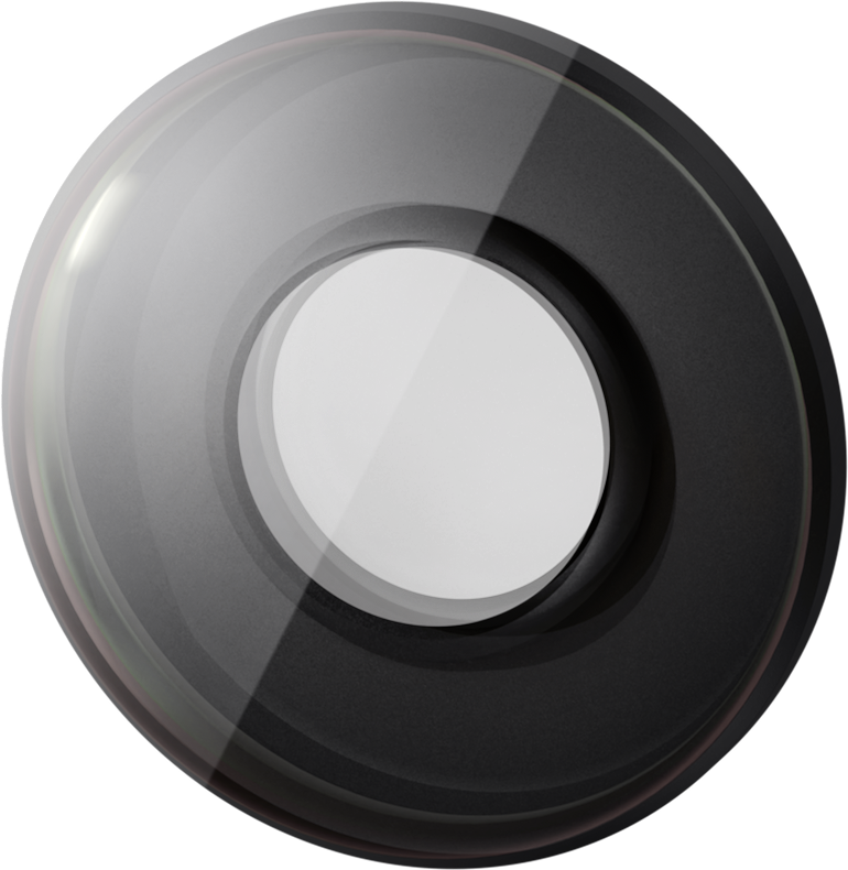 800q-01_135550 The Antigravity A1 Replacement Lens Kit reveals its glossy black finish, round glass centre and reflective surface in a close-up, revealing light reflections and a sleek, modern design.