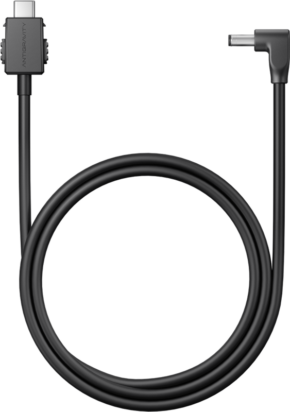 Musta Antigravity Vision USB-C to DC Power Cable 0.65m -virtajohto FPV-laseille, jossa on suorakulmainen ja suora liitin, on kierretty silmukkaan valkoista taustaa vasten.