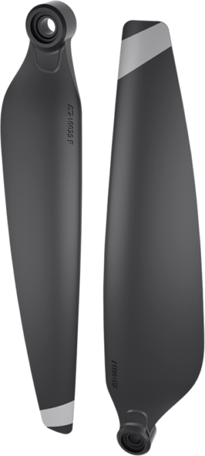800q-01_135558 Two Antigravity A1 propellers - spare wings with a matte black finish - are displayed side by side. Each has a light grey tip and one end has a circular bracket for easy attachment.