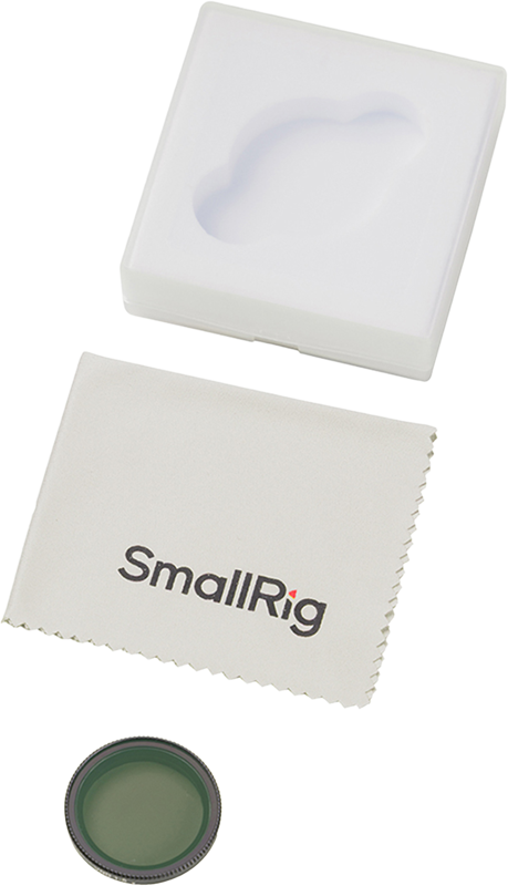 800q-01_135644 SmallRig 5788 VND 1-5 Stop suodin DJI Osmo Nanoon, valkoinen muovikotelo, jossa on mukautettu sisennys, ja beige puhdistusliina SmallRig-logolla näkyvät valkoisella pohjalla.