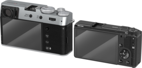 800q-01_135656 Two digital cameras are shown from the back, with their screens and controls highlighted. The one on the left has a silver-black finish, the one on the right is all black. Both have LCD screens SmallRig 5803 protective glass for Fujifilm X100VI/X100V/X-E4/X-T4/X-T5/Ricoh GR IV.