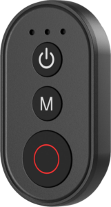 800q-01_135702 The SmallRig 5462 wireless remote control for action cameras and smartphones is a black, oval remote control with three buttons - power, M and a large red circled button - and three indicator lights above the power button.