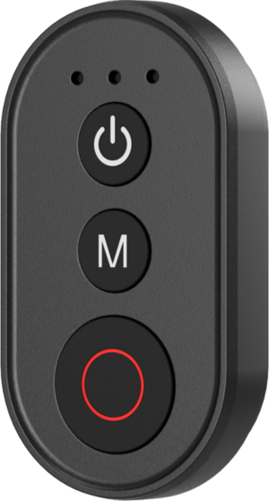 800q-01_135702 The SmallRig 5462 wireless remote control for action cameras and smartphones is a black, oval remote control with three buttons - power, M and a large red circled button - and three indicator lights above the power button.