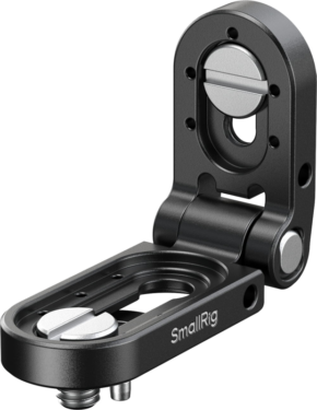800q-01_135703 The SmallRig 5712 Foldable Mini L-Shaped Mount Plate is a metal camera mount with two silver mounting screws and a hinge designed for mounting and adjusting camera equipment.