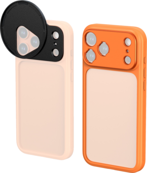 800q-01_135706 The picture shows two SmallRig 5792 FilMov photo cases for the iPhone 17 Pro: one peach case with a black circular lens cover over the camera, and one orange case with an open camera area. Both offer enhanced shock protection.