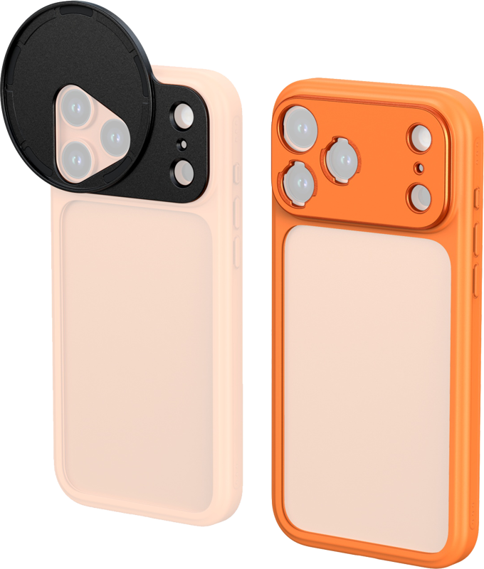 800q-01_135706 The picture shows two SmallRig 5792 FilMov photo cases for the iPhone 17 Pro: one peach case with a black circular lens cover over the camera, and one orange case with an open camera area. Both offer enhanced shock protection.