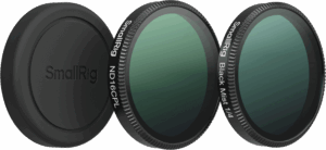 800q-01_135708 SmallRig 5896 suodinpaketti DJI Osmo Action 6 sisältää mustan linssinsuojuksen vasemmalla ja kaksi pyöreää suodatinta, ND16CPL ja Black Mist 1/4 vihreällä sävytetyllä lasilla, kuvassa oikealla.
