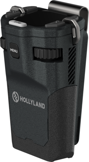 The HOLLYLAND SOLIDCOM BPK01 BELTPACK is a black, rectangular wireless audio transmitter featuring a MENU button, a rotary control, a belt clip on the back, the Hollyland logo and a textured surface for a secure grip.