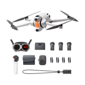 Antigravity A1 Explorer Bundle -lennokki on esillä lisävarusteineen: kauko-ohjain, kolme akkua, latausnapa, ylimääräiset potkurit, olkalaukku, joystick-ohjain, kaapelit ja suojakotelot.