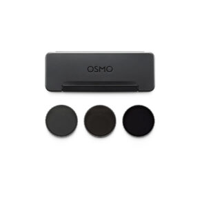 Osmo Action 6 ND Filters (2) DJI Osmo Action 6 ND-suodatinsarjan musta suorakulmainen kotelo näkyy kolmen pyöreän, eri sävyisen kamerasuodattimen yläpuolella, kaikki valkoisella pohjalla.