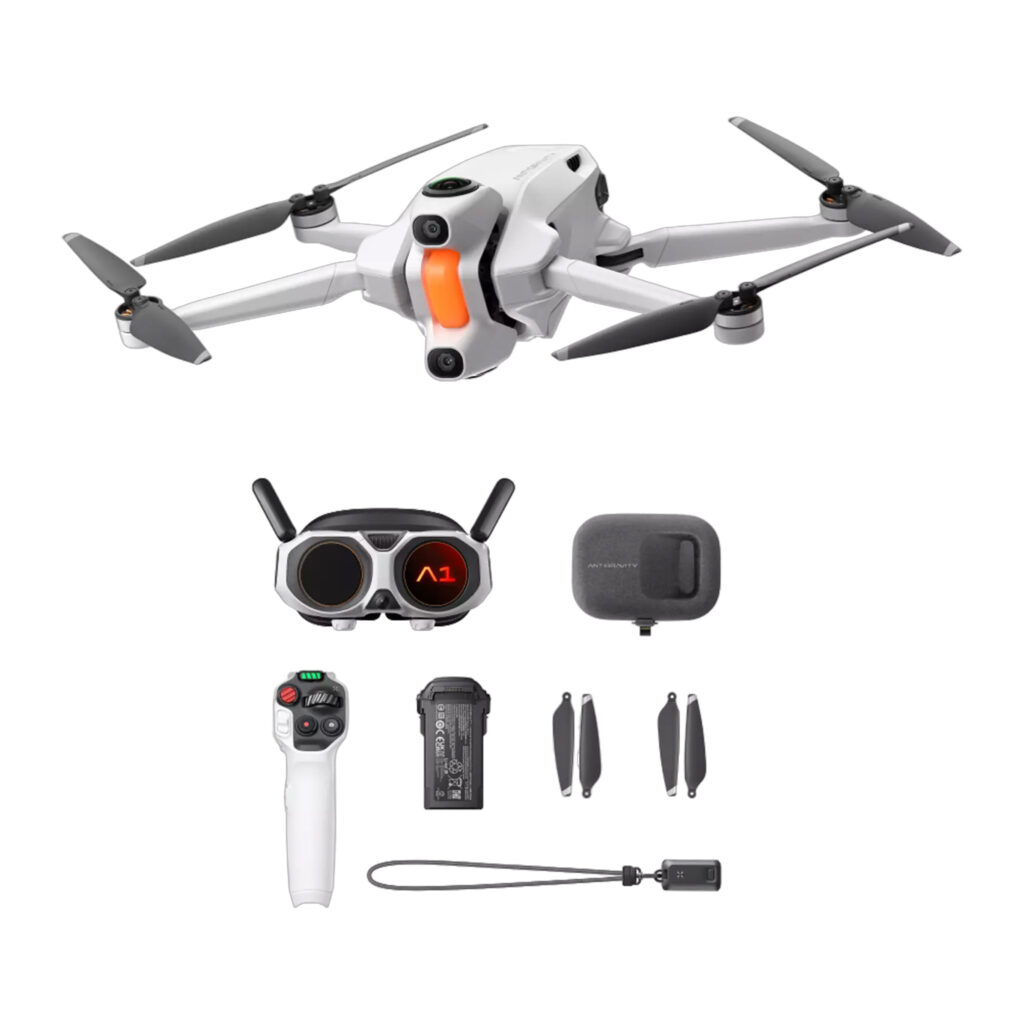 Standard The Antigravity A1 Standard Bundle is shown with its accessories: pilot, battery, carrying case, two spare propellers, hand strap and wrist strap, all neatly arranged on a white background.