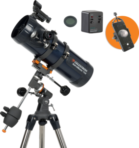 Celestron AstroMaster 114EQ-MD -tähtikaukoputki puhelinsovittimella ja kuusuodattimella